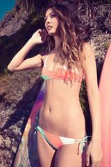 Darsan, Kovey Swimwear Cross Step Bikini Top in Coral, Sky, & White