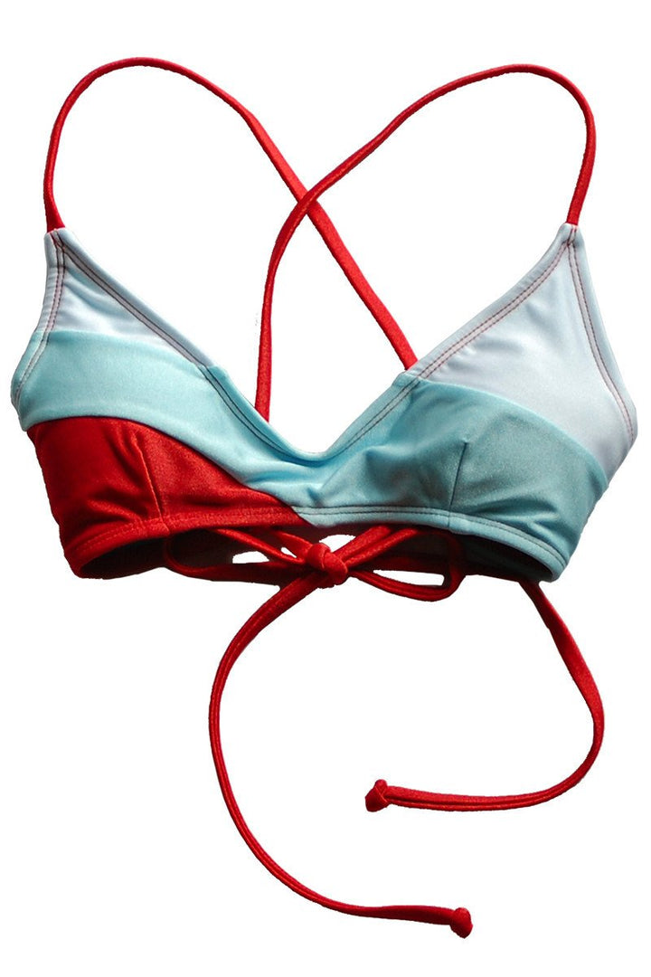 Kovey Swimwear Cross Step Bikini Top in Coral, Sky, & White